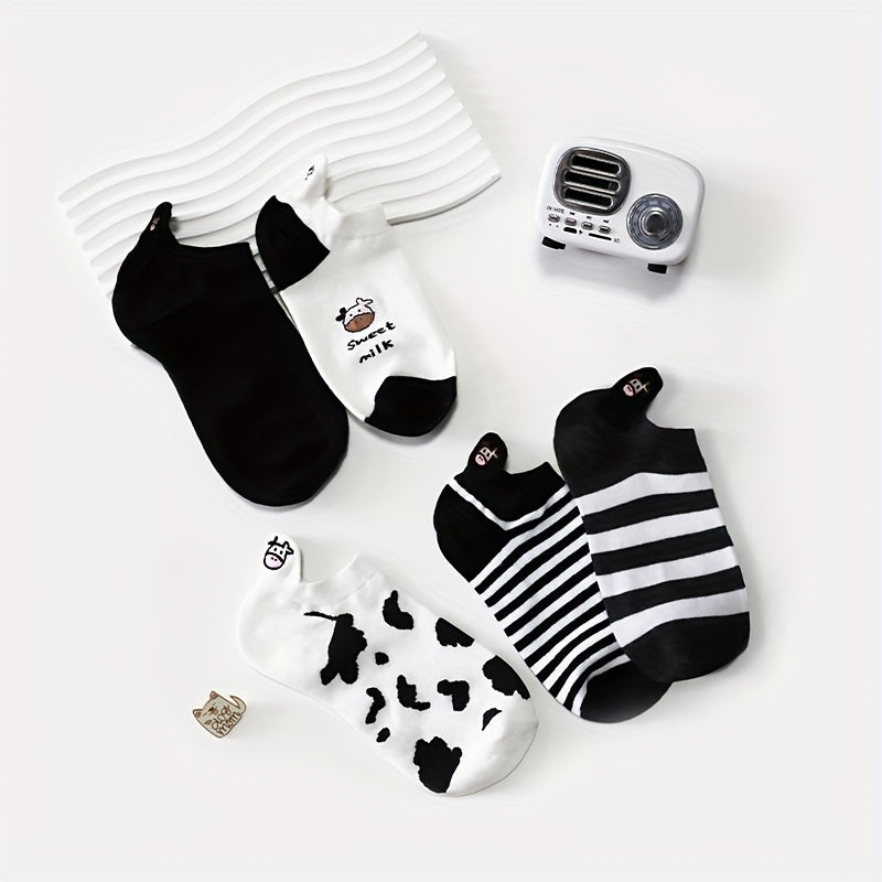 10 Pairs Cute Cartoon Cow Print Ankle Socks for Women
