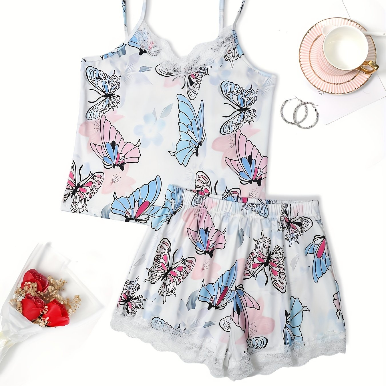 Butterfly Print Pajama Set V Neck Cami Top & Lace Trim Shorts