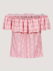  Heart Print Off Shoulder Blouse Ruffle Trim