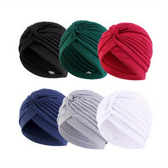 6pcs Pleated Bowknot Turban Cap Solid Elastic Head Wrap Hijab