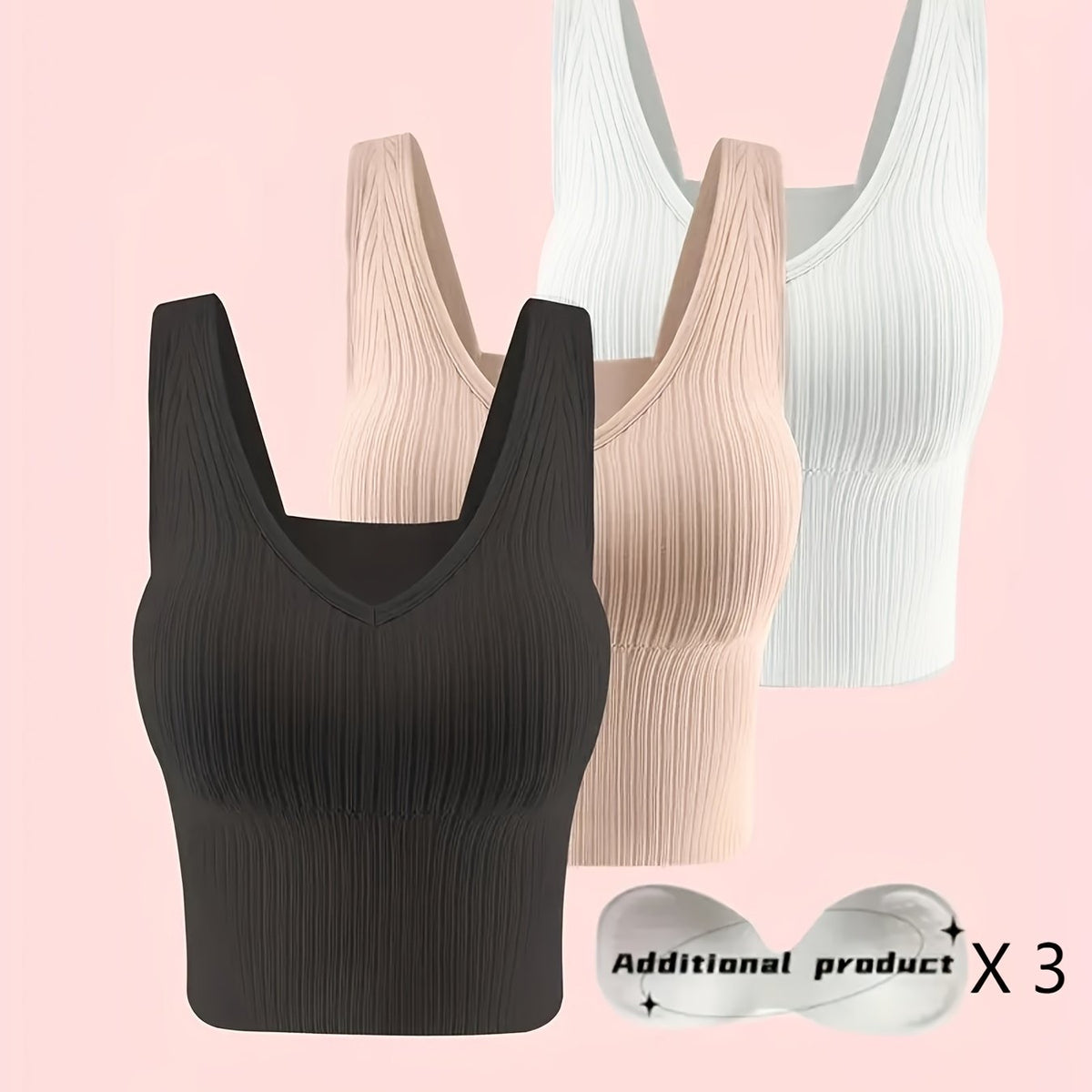 3pcs Ribbed Tank Top Bra Detachable Chest Pads Women's Lingerie