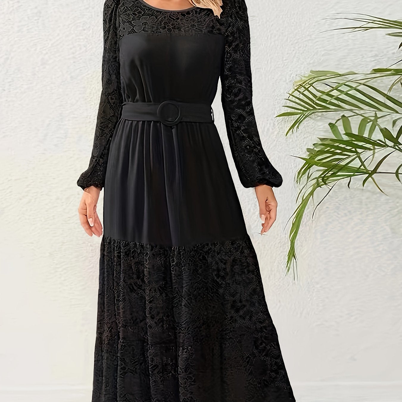 Lace Sleeve Round Neck Maxi Smock Dress