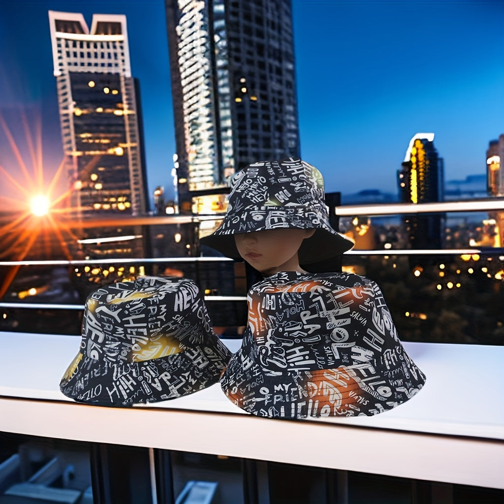 HELLO Letter Print Fisherman Hat Double-sided Casual Bucket Hat