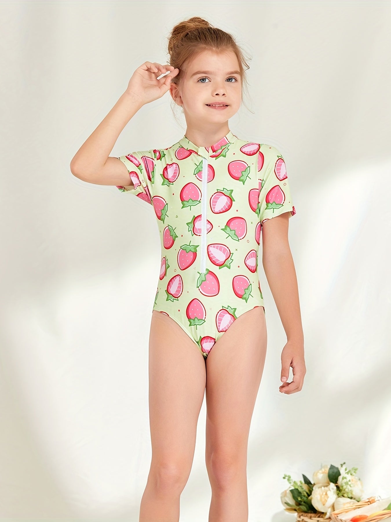 Girl's Strawberry Pattern Onesie Swimsuit Tankini Short Sleeve Bathing Suit