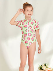 Girl's Strawberry Pattern Onesie Swimsuit Tankini Short Sleeve Bathing Suit