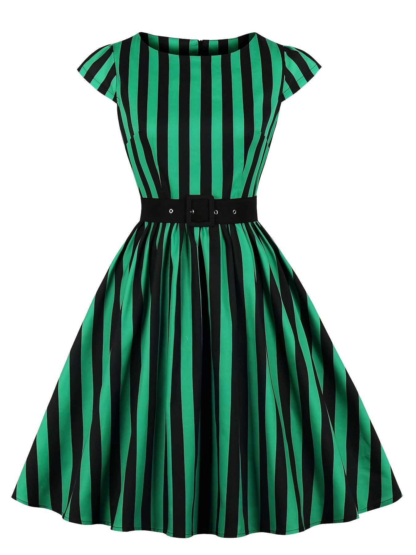  Plaid Print Cap Sleeve Swing Dress With Belt