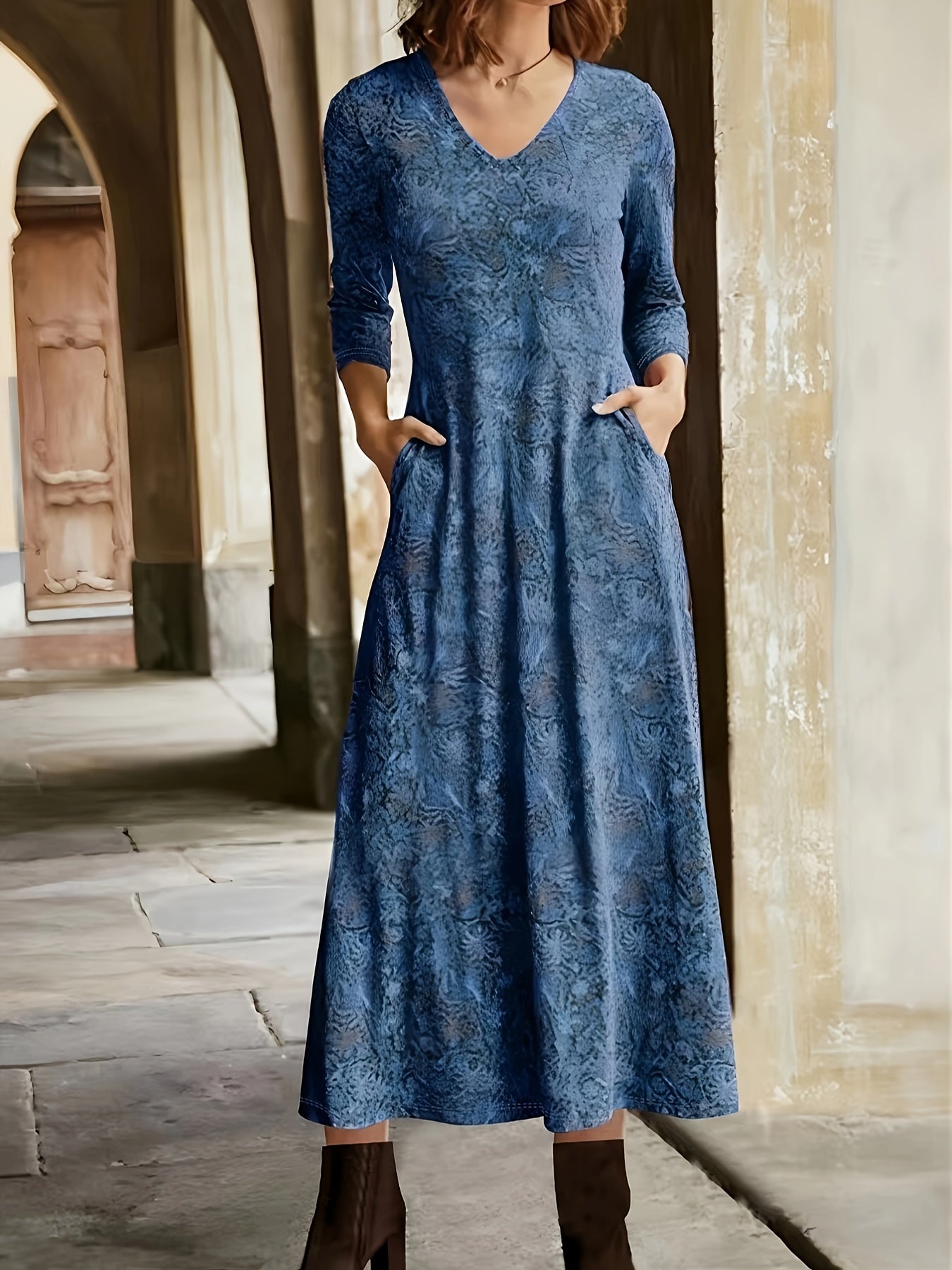  Floral Print Long Sleeve V Neck Dress With Pockets