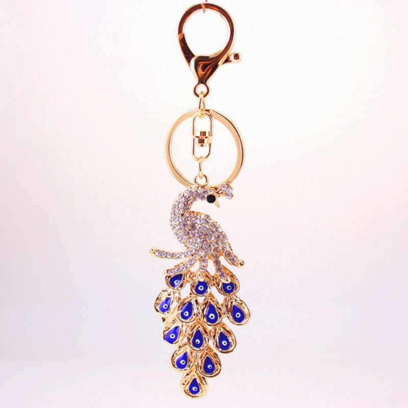 Vintage Rhinestone Peacock Keychain Pendant Animal Keyring Ornament