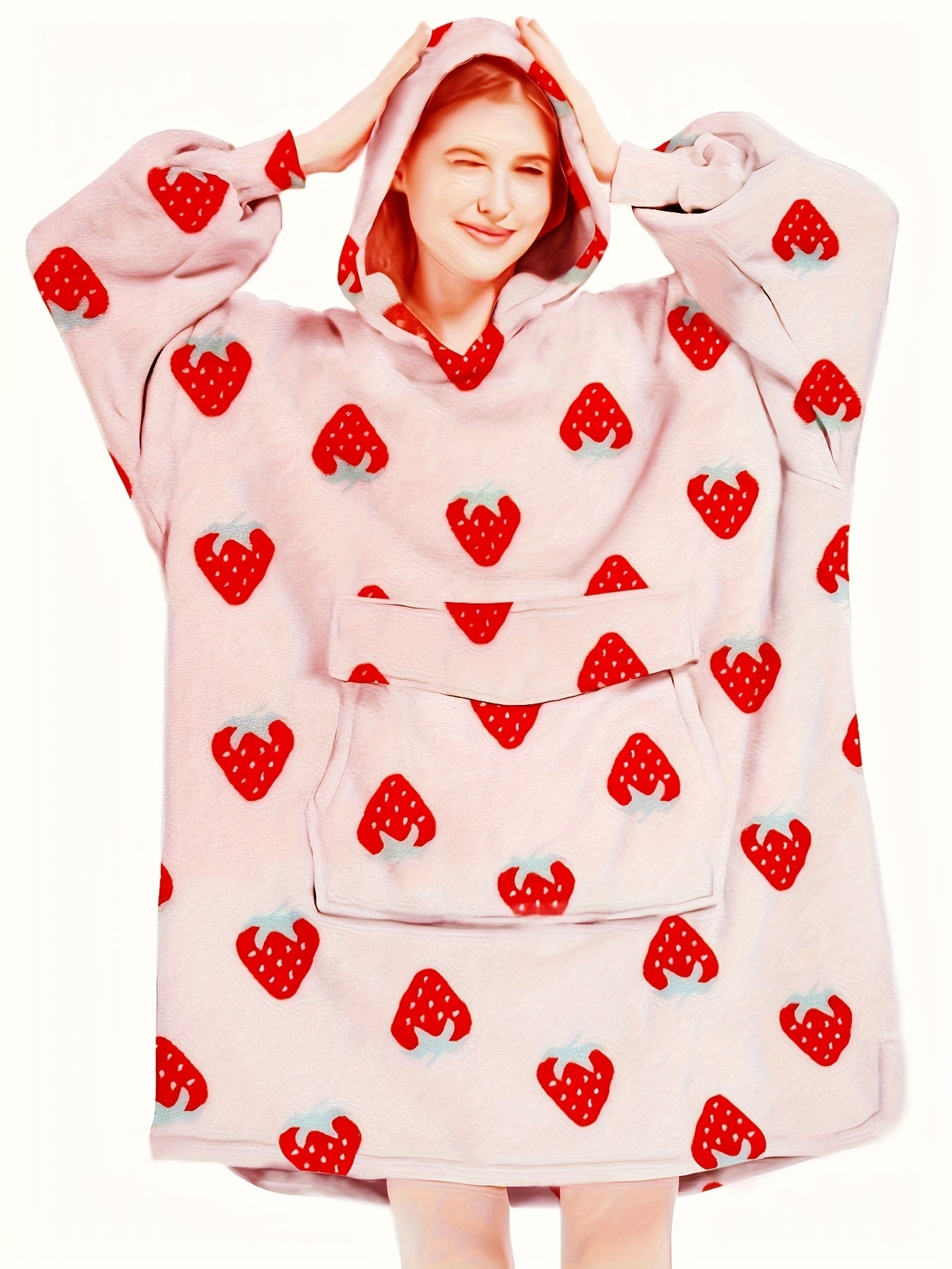 Women's Plus Strawberry Pattern Plush Hooded Sherpa Wearable Blanket