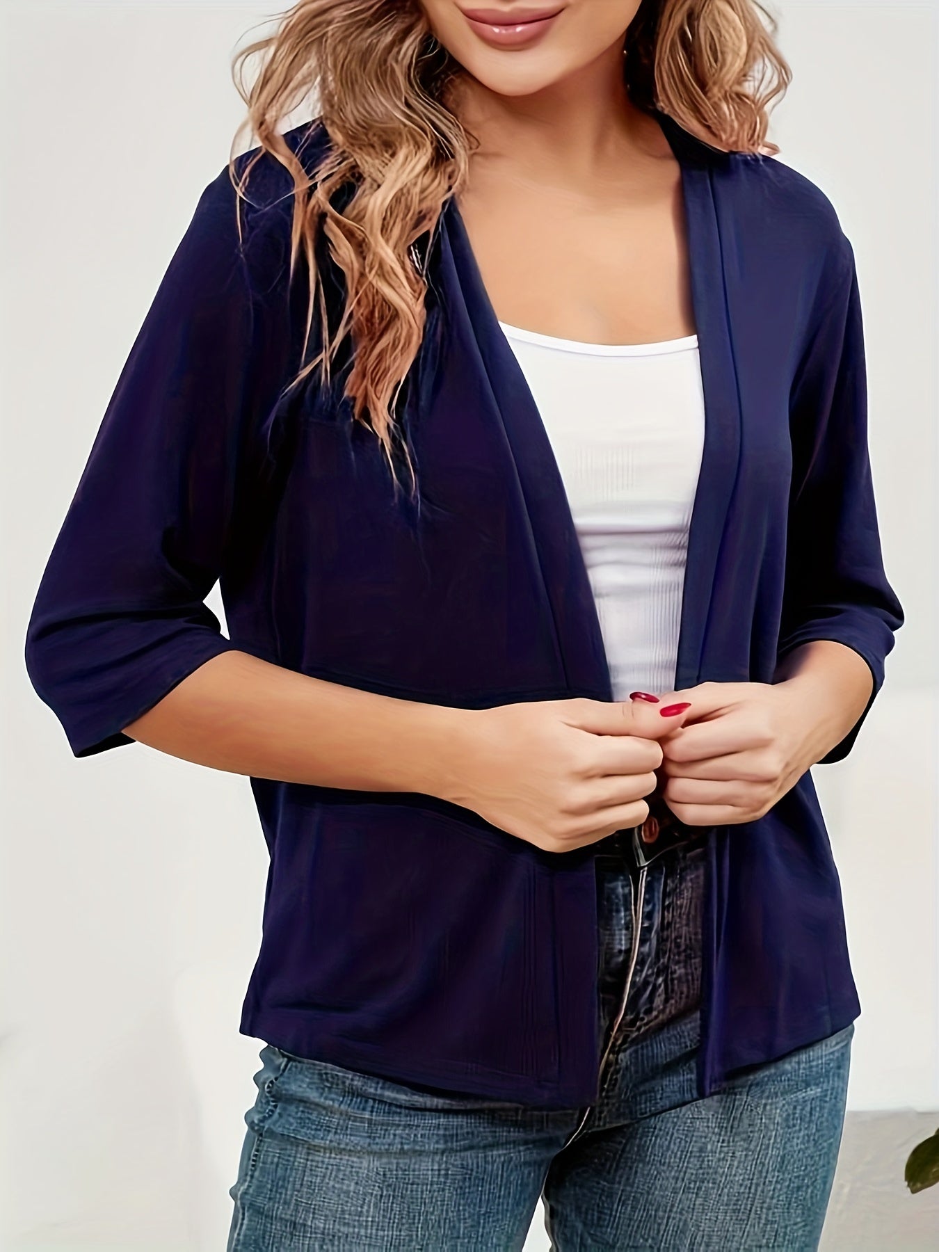  Solid Half Sleeve Open Front Cardigan