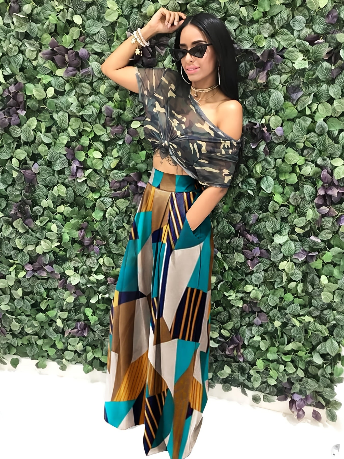 Camouflage Print Wide Leg Pants