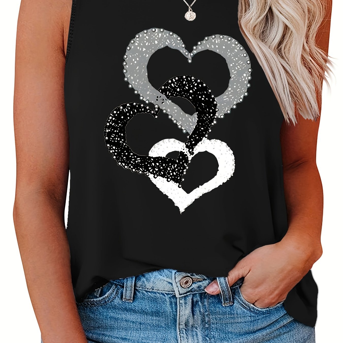  Casual Tank Top Women's Heart Print Round Neck Stretch Tank Top