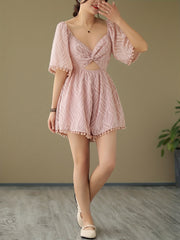 Pom Trim Cut Out Romper Jumpsuit Beach Short Sleeve Romper Jumpsuit