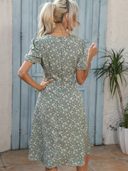 Floral & Pin Print V Neck Puff Sleeve Dress
