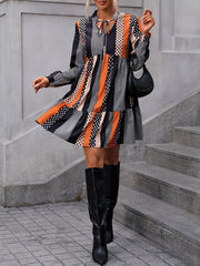  Colorblock Dot Print Lantern Sleeve Mini Smock Dress