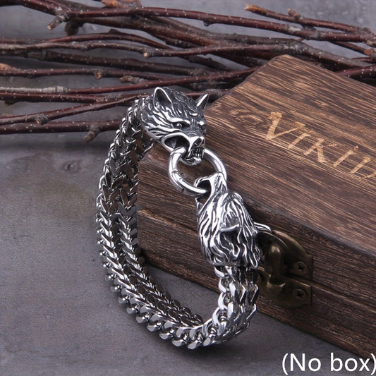 Viking Wolf Charm Bracelet Silvery Mesh Chain Men's Biker Jewelry