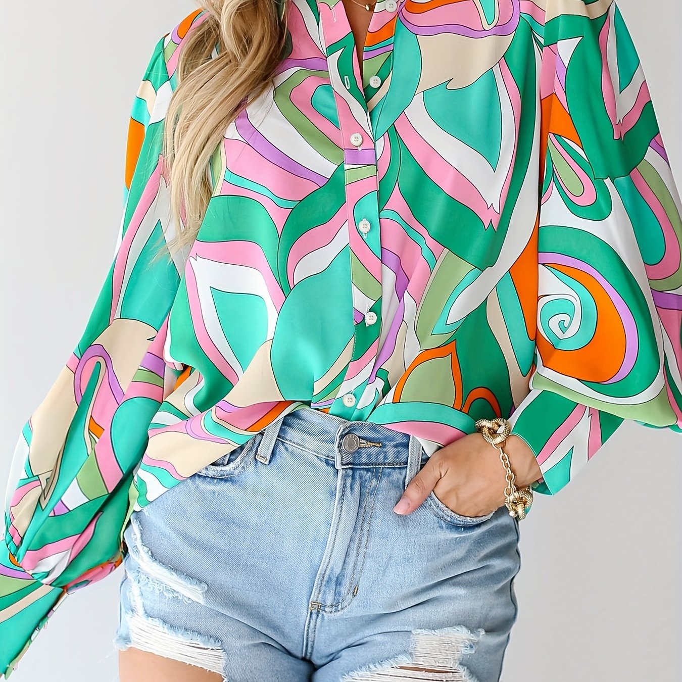  Colorblock Print Button Up Lantern Sleeve Blouse