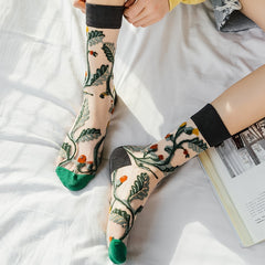 Crystal Glass Floral Mesh Socks - Women's Mid Tube Stocking
