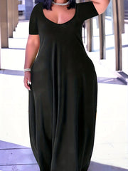  Women's Solid Short Sleeve V Neck Maxi Summer Dress