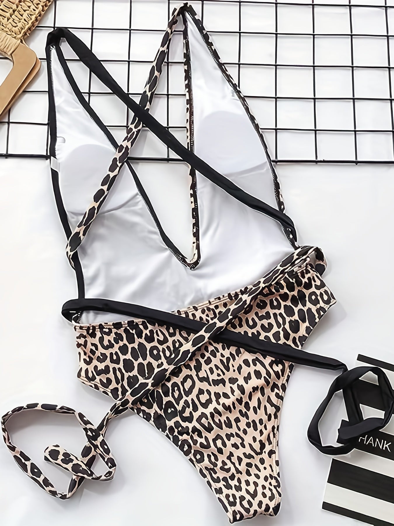  Leopard Self Tie Plunging One Piece Swimsuit