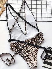  Leopard Self Tie Plunging One Piece Swimsuit
