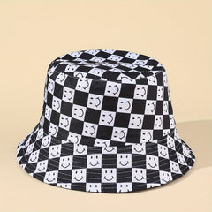 Mens Checkerboard Happy Face Polyester Bucket Hat