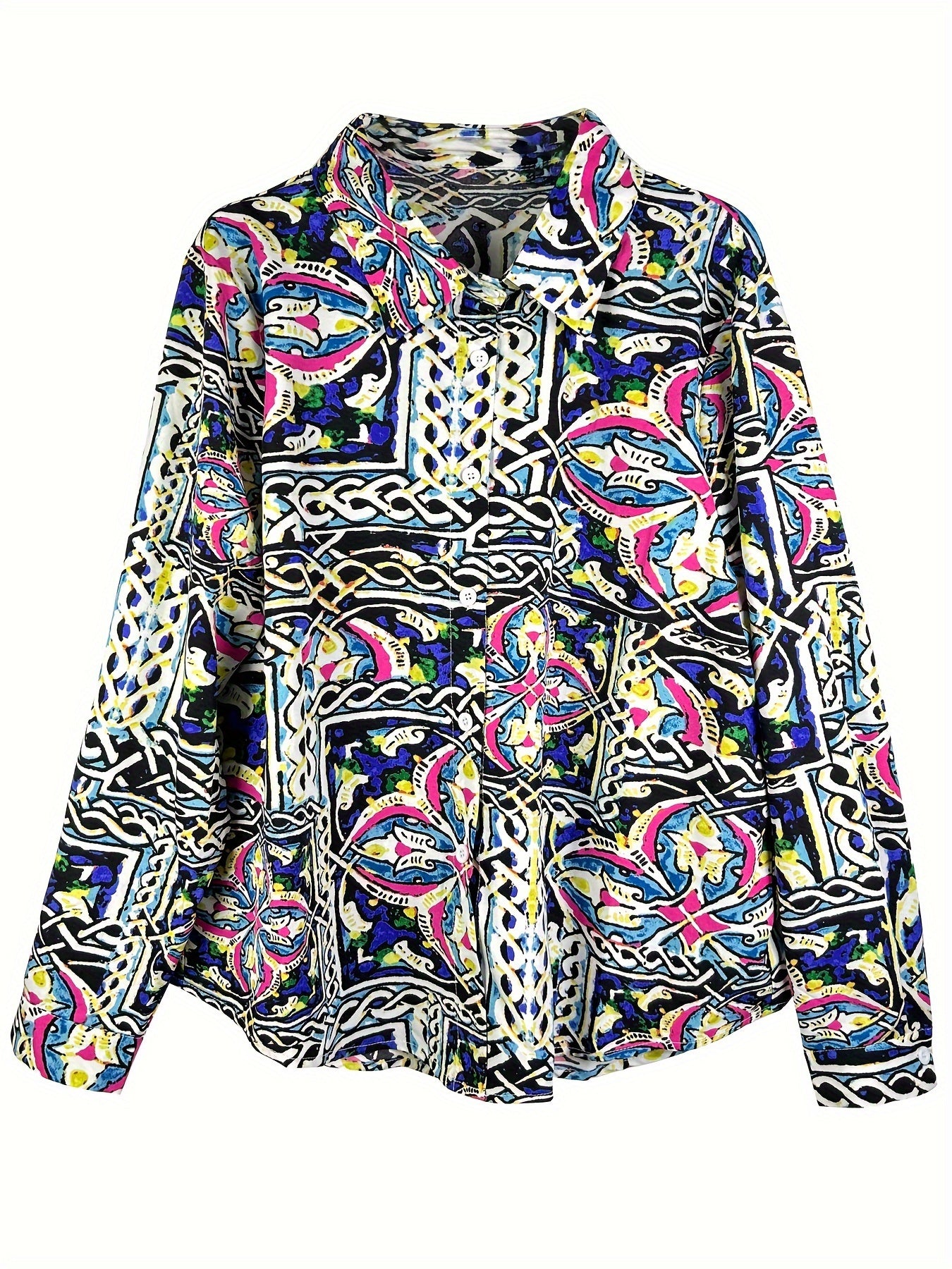 Boho Blouse Women's Plus Scarf Print Long Sleeve Button Up