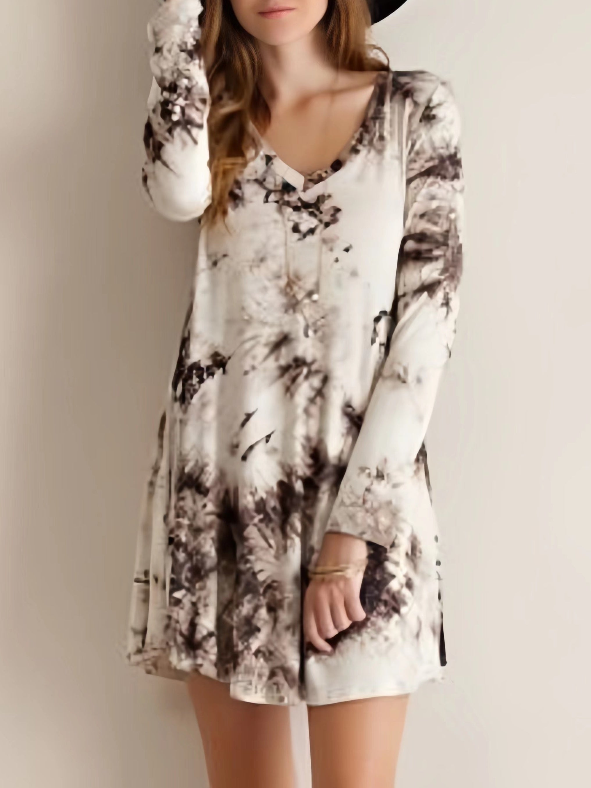  Tie Dye V Neck Long Sleeve Stretch Dress