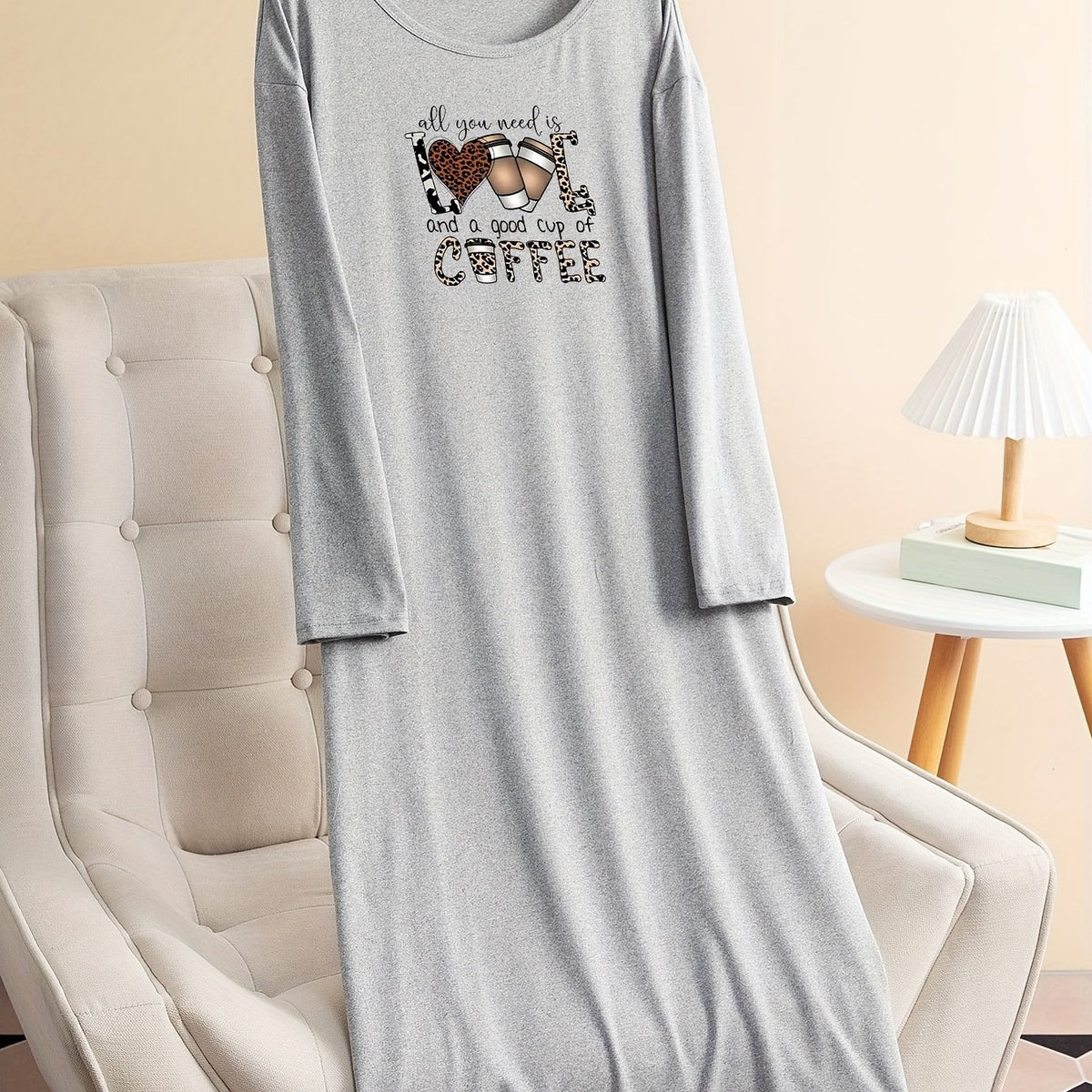  Leopard & Coffee Print Long Sleeve Tee Sleep Dress