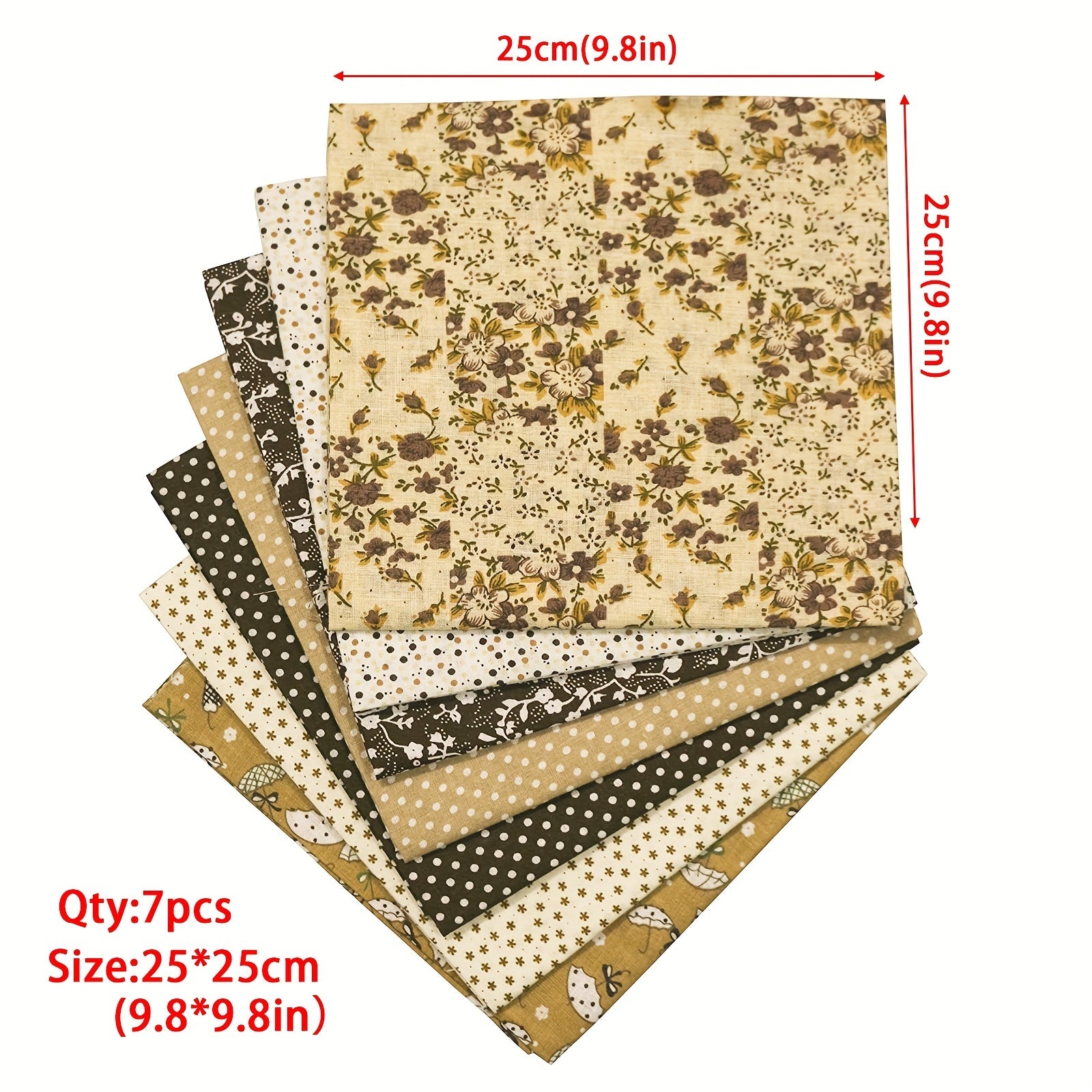 7pcs Coffee Fabric Quilting Sewing Crafts Textile Square Assortment DIY Sewing