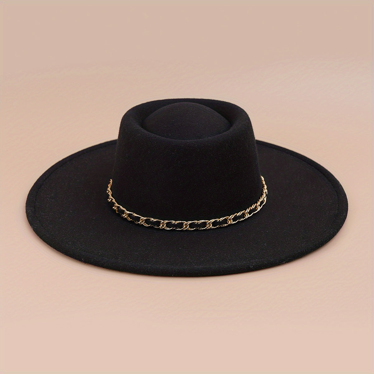Classic Chain Decor Felt Hat Flat Brim Top Hats Solid Trilby Hat