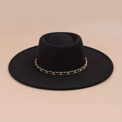 Classic Chain Decor Felt Hat Flat Brim Top Hats Solid Trilby Hat