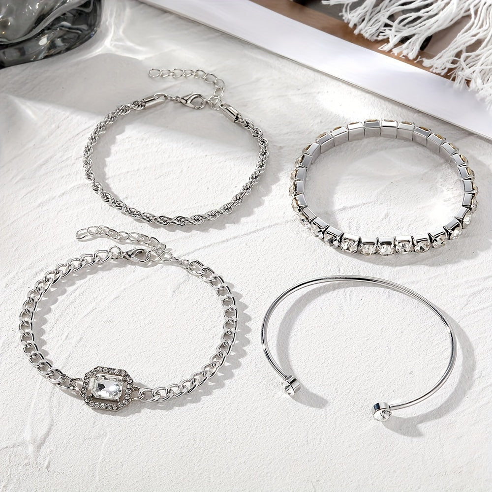 4pcs Chain Square Rhinestone Bracelet Set for Women Girls