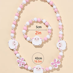 Pink Wood Fox Flower Beads Jewelry Set