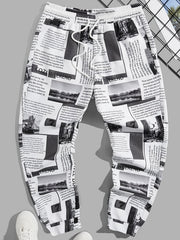 Newspaper Print Drawstring Sweatpants for Men