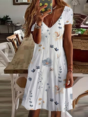 Floral Print Short Sleeve V Neck Dress