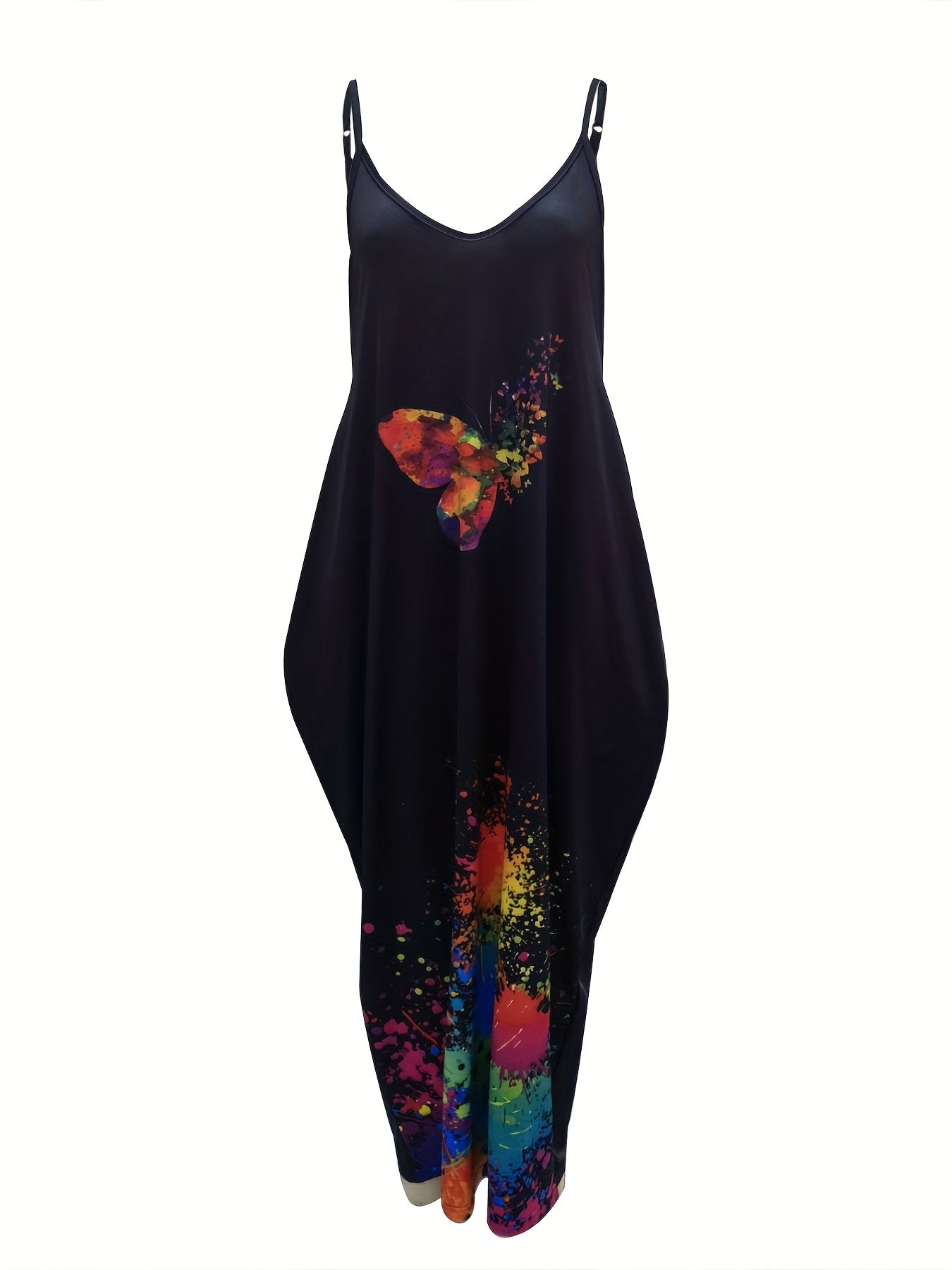  Splash Print Maxi Cami Dress V Neck Stretch With Pockets