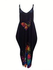  Splash Print Maxi Cami Dress V Neck Stretch With Pockets