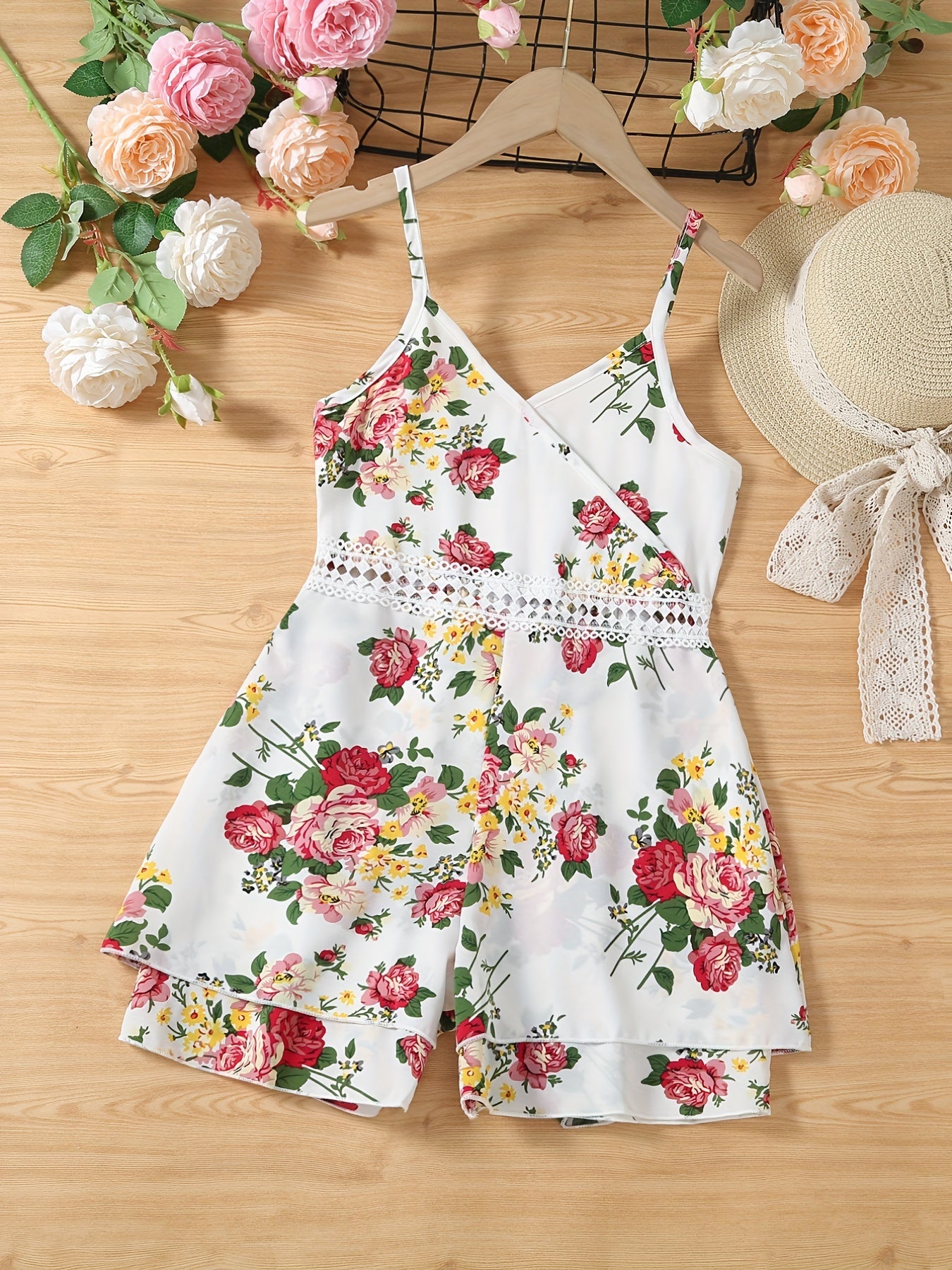 Toddler Girls Lace Trim Flowers Graphic Cami Rompers Wide Leg Jumpsuits
