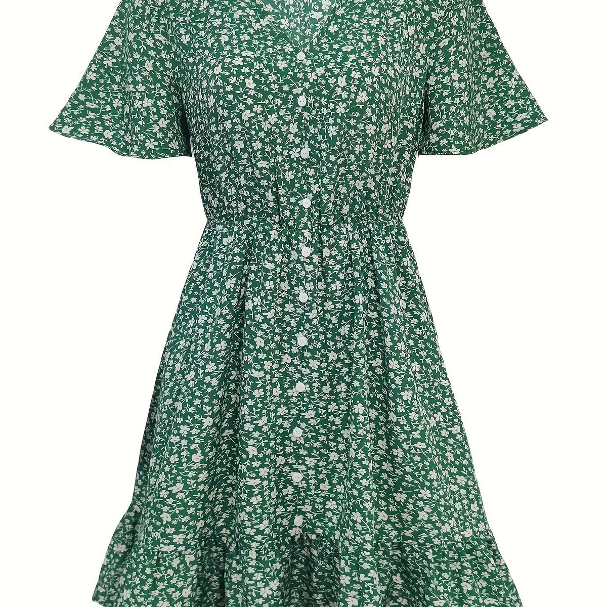 Floral Print V Neck Button Dress Short Sleeve Casual Dress