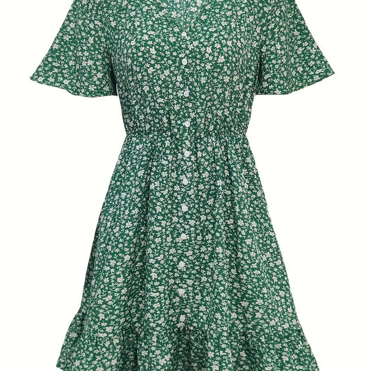 Floral Print V Neck Button Dress Short Sleeve Casual Dress
