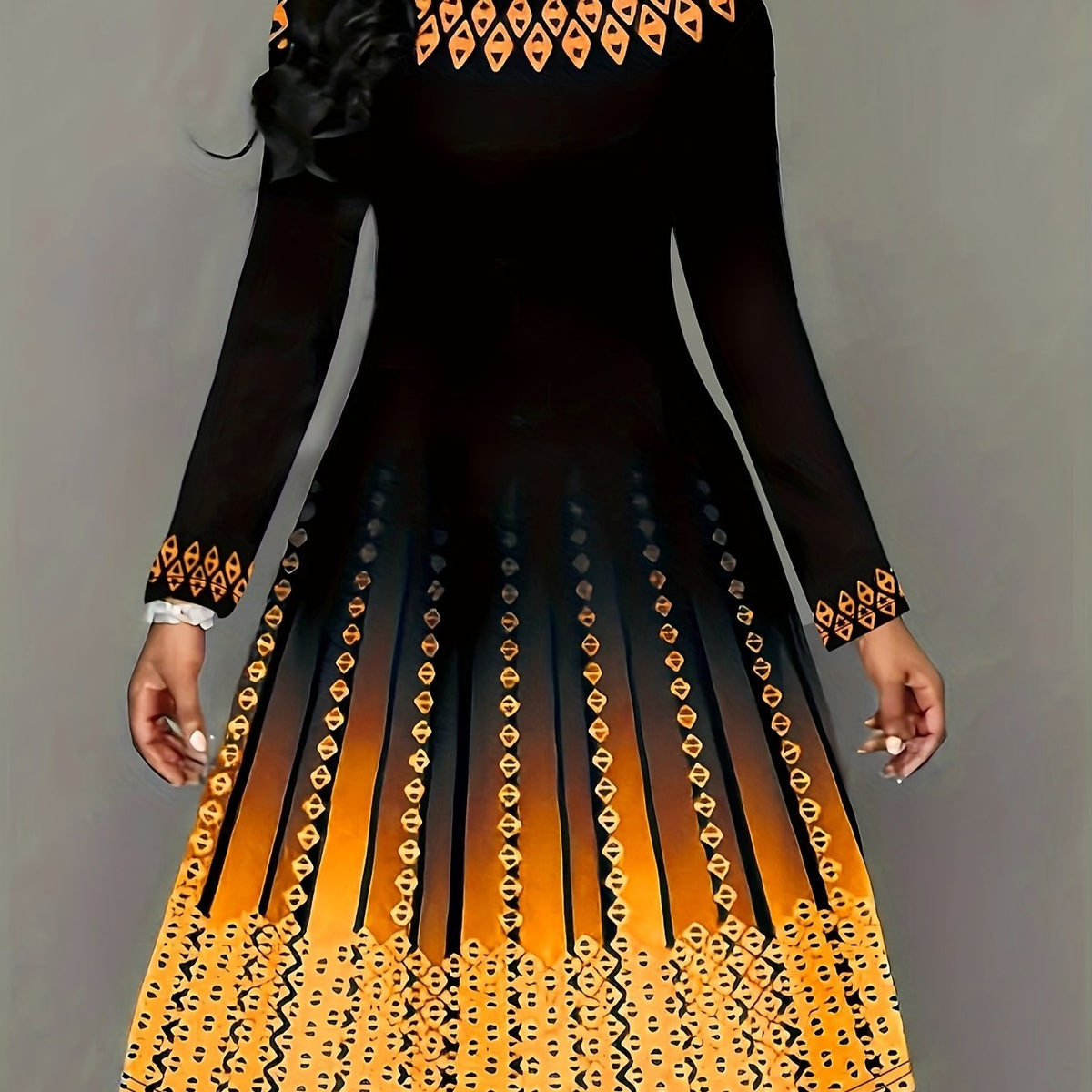  Geometric Print Long Sleeve Round Neck Dress