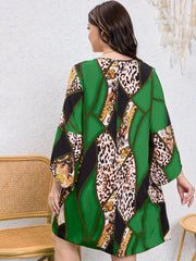  Colorblock Leopard Print Bell Sleeve Round Neck Casual Dress
