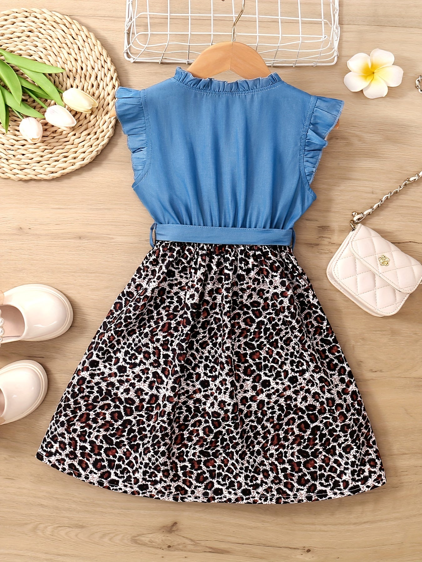 Girls Sleeveless Ruffle Denim Leopard Print Princess Dress