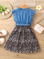 Girls Sleeveless Ruffle Denim Leopard Print Princess Dress