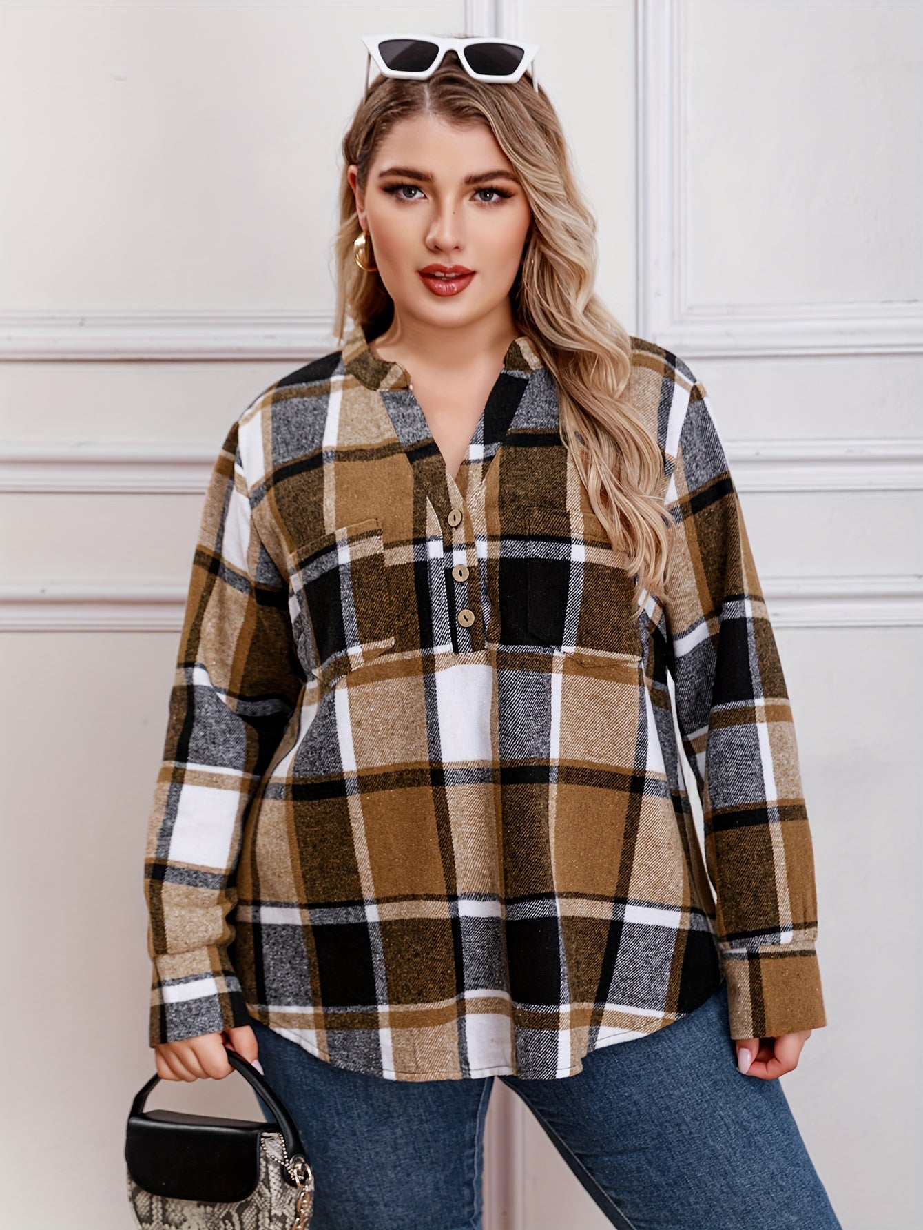  Plaid Print Button Up Long Sleeve V Neck Loose Fit Shirt Top