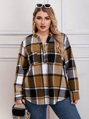  Plaid Print Button Up Long Sleeve V Neck Loose Fit Shirt Top