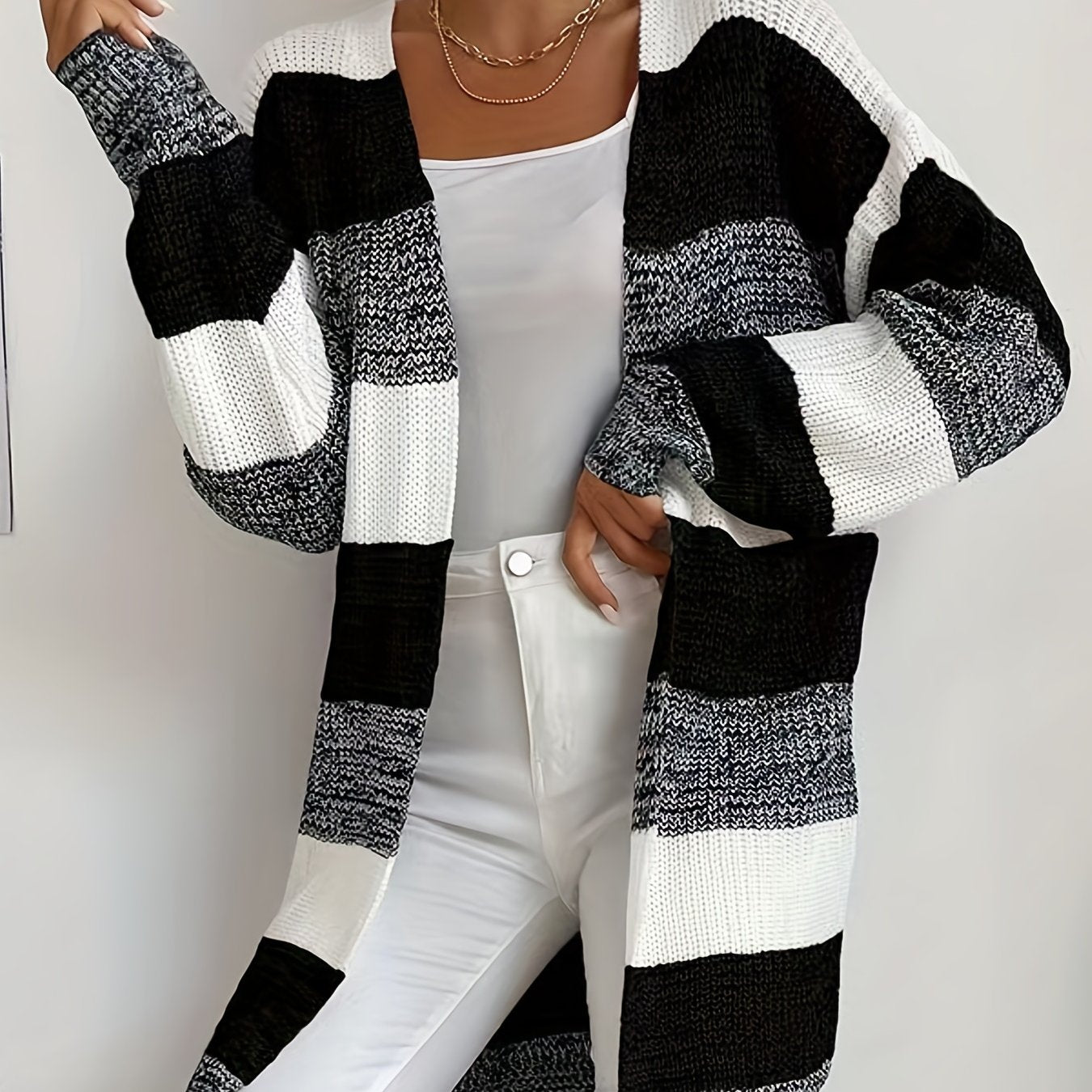  Colorblock Long Sleeve Open Front Casual Cardigan
