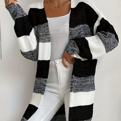  Colorblock Long Sleeve Open Front Casual Cardigan