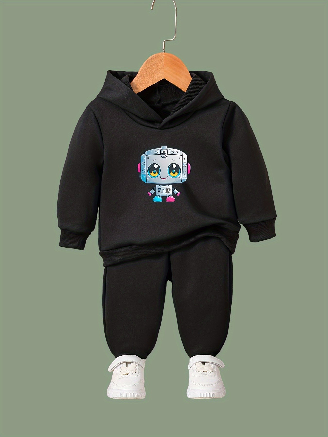 Girls Robot Pattern Hooded Sweatshirt & Sweatpants Set